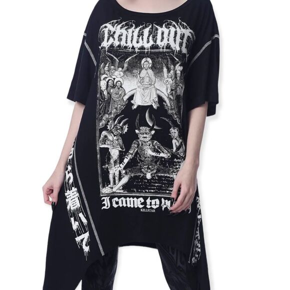 Black Short Sleeve Long Asymmetric Hem Graphic Tunic Top by Killstar - Picture 1 of 3